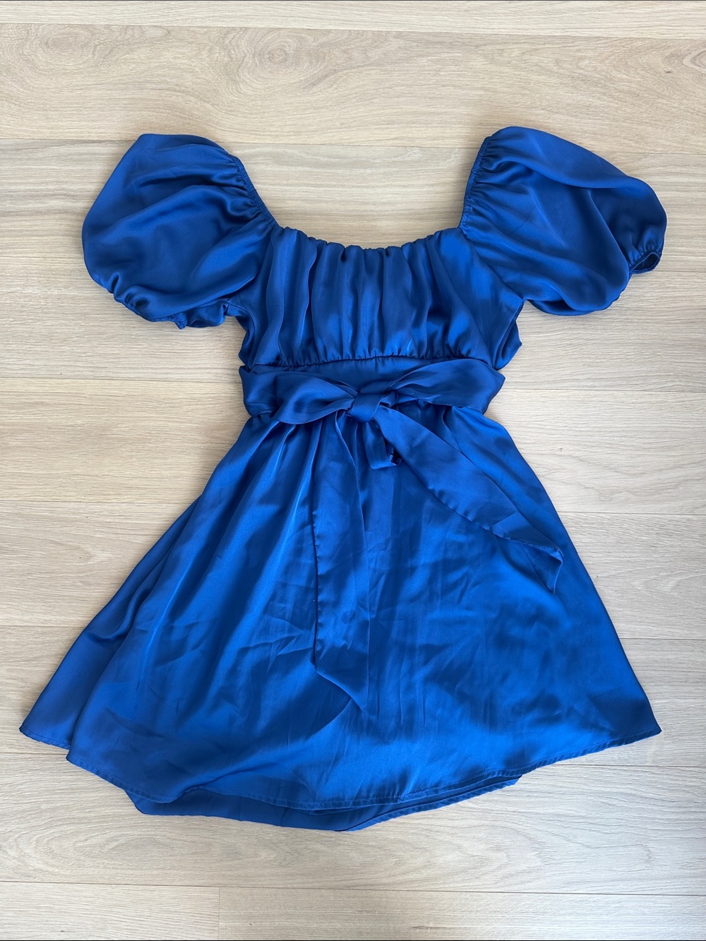 Altar'd State Royal Blue Puff-Sleeve Dress with Waist Tie with Bow XS